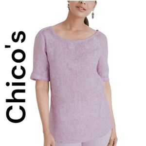 Chico's Embroidered Linen Short Sleeve Tee Boho Style Mauve Size 2- 12/14 US